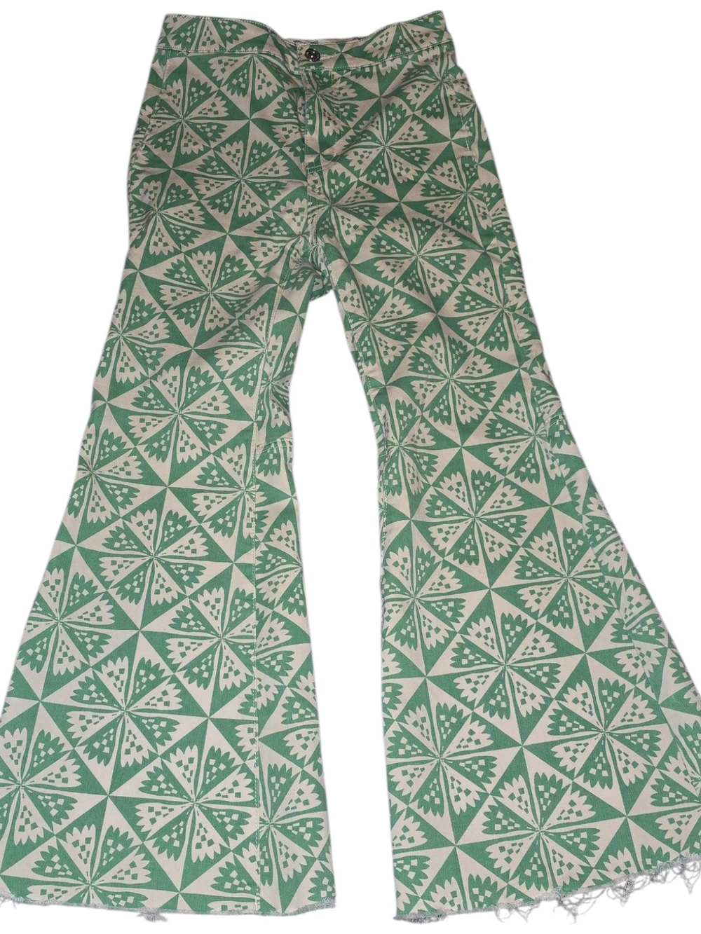 We The Free Free People Printed Flare Jeans Size 25 Green Cream Boho Festival